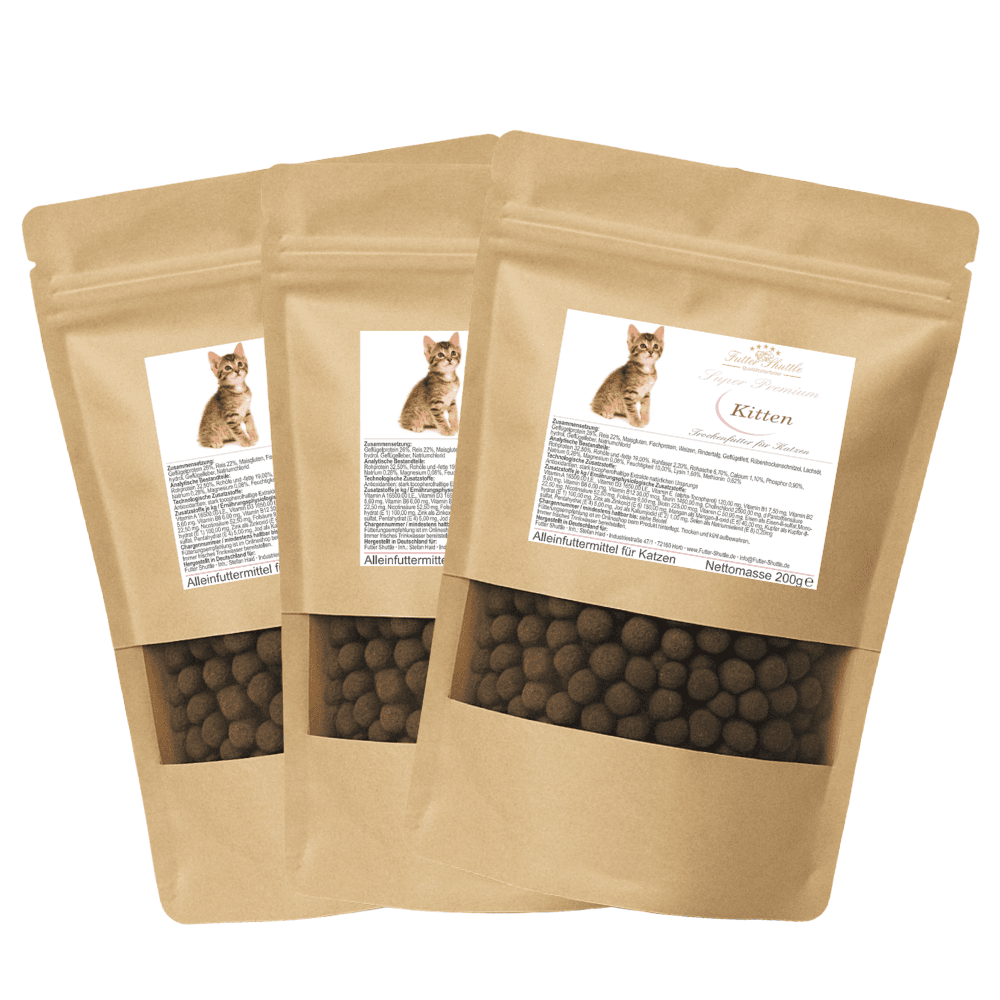 Probierpaket Kitten Trockenfutter und Nassfutter in höchster Güte.  Eines der hochwertigsten Kitten Trocken- und Nassfutter auf dem Markt!  Gönnen Sie Ihrer Katze ein Kittenfutter in Spitzenqualität.