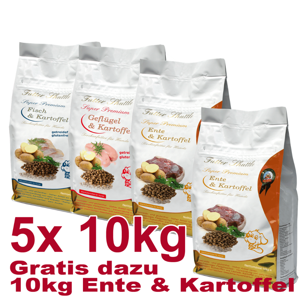 Getreidefreies Hunde Trockenfutter Sparpaket XXL – 50 kg + 10 kg GRATIS – Geflügel, Fisch & Ente mit Kartoffel (Aktionspreis)