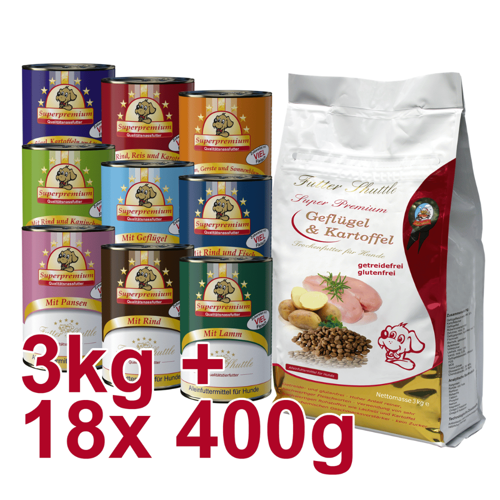 Sparpaket Getreidefrei – Geflügel & Kartoffel Trockenfutter + Nassfutter Mix – 3 kg + 18 × 400 g