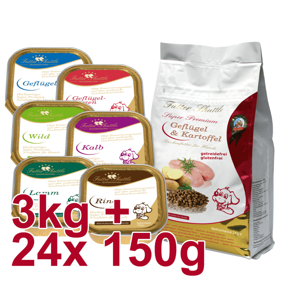 Sonderangebot Getreidefreies Hundefutter – Geflügel & Kartoffel Trockenfutter + Nassfutter Mix – 3 kg + 24 × 150 g