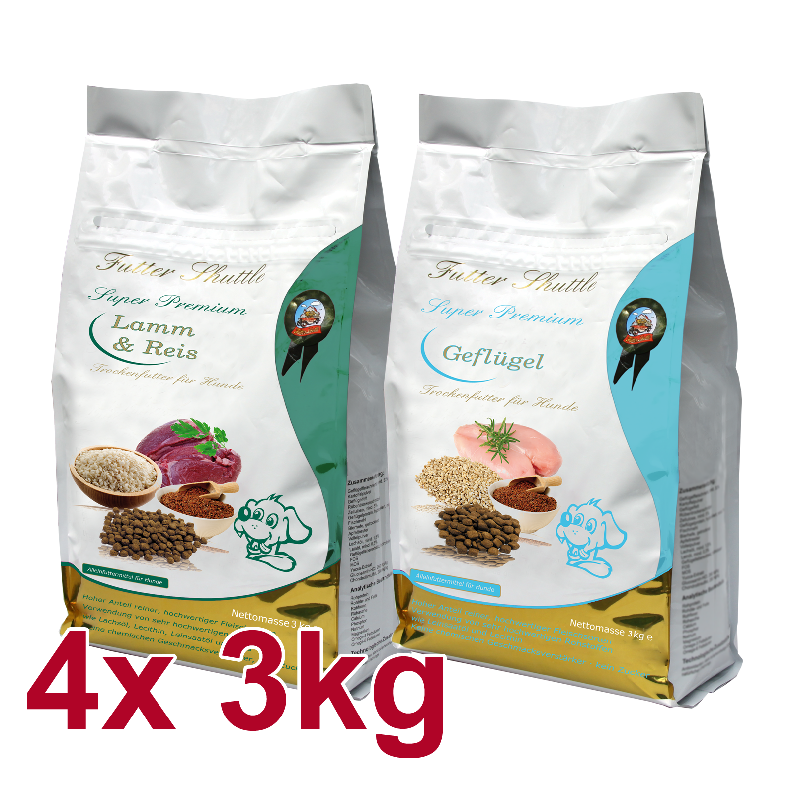 Hundefutter Sparpakete | Angebot Hunde Trockenfutter. 4 x 3kg Trockenfutter für Hunde mit Geflügel + Lamm und Reis