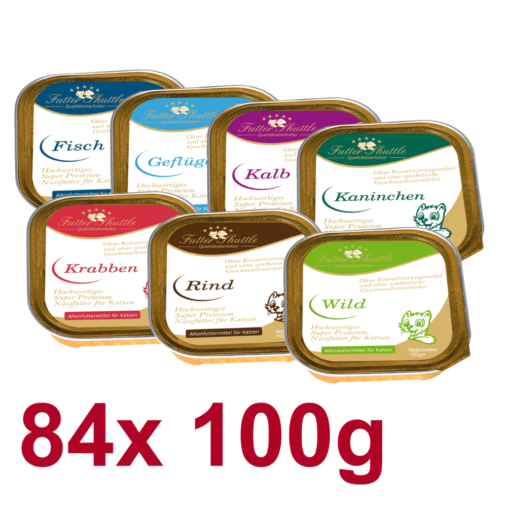 Katzenfutter Sparpaket Nassfutter ohne Zucker – 84 x 100 g Schalen XXL Mix