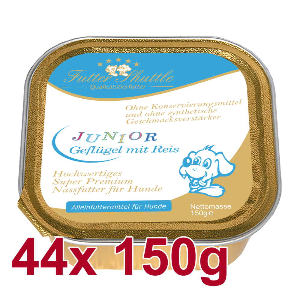 Junior Welpen Nassfutter mit Geflügel & Reis – XL Sparpaket 44 × 150 g