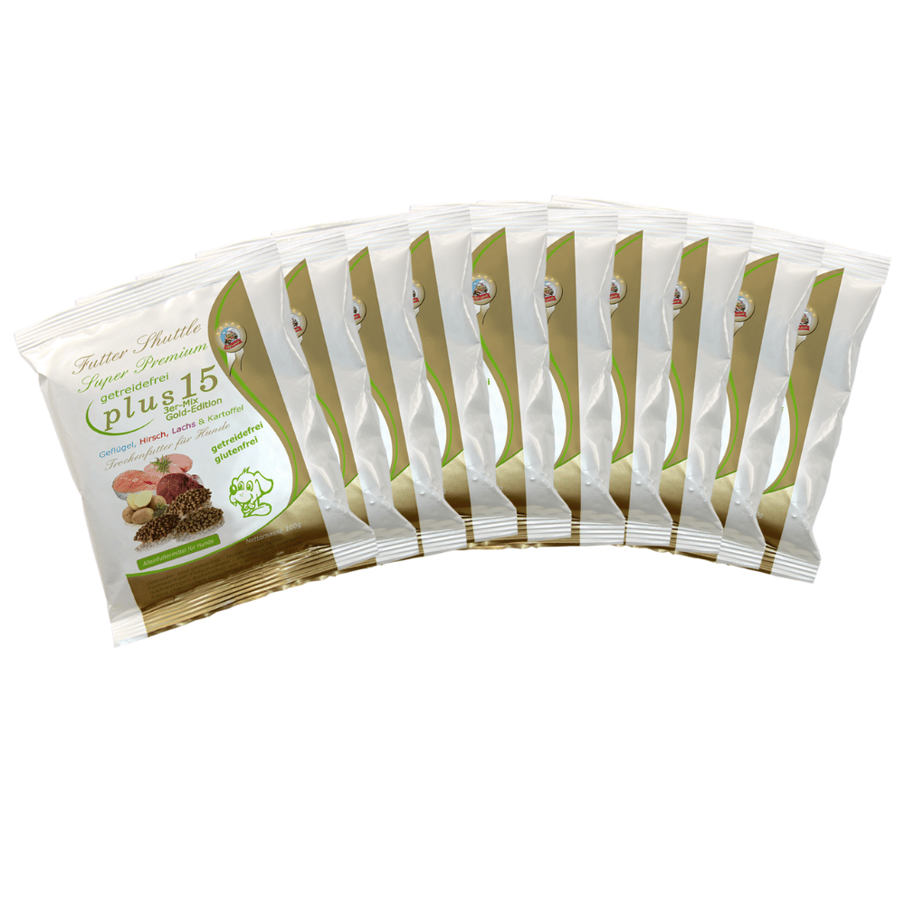 Probierpaket Getreidefreies Hunde trockenfutter Plus 15 der Superlative. 10 x 100 g mit den Sorten Geflügel, Lachs, Hirsch und der bekömmlichen Kartoffel gemischt im 100 g Probebeutel.