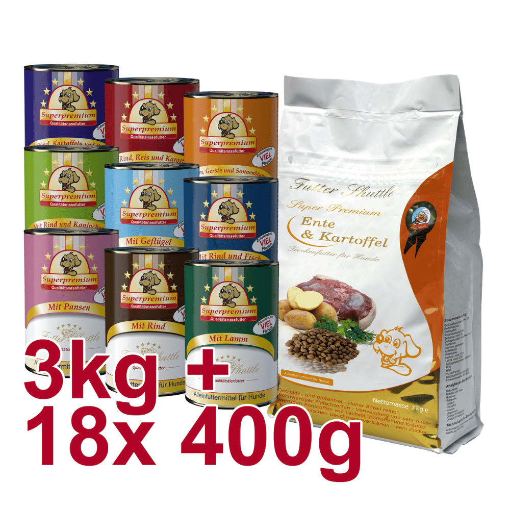 Getreidefreies Hundefutter Sparpaket – Ente & Kartoffel Trockenfutter + Nassfutter Mix – 3 kg + 18 × 400 g