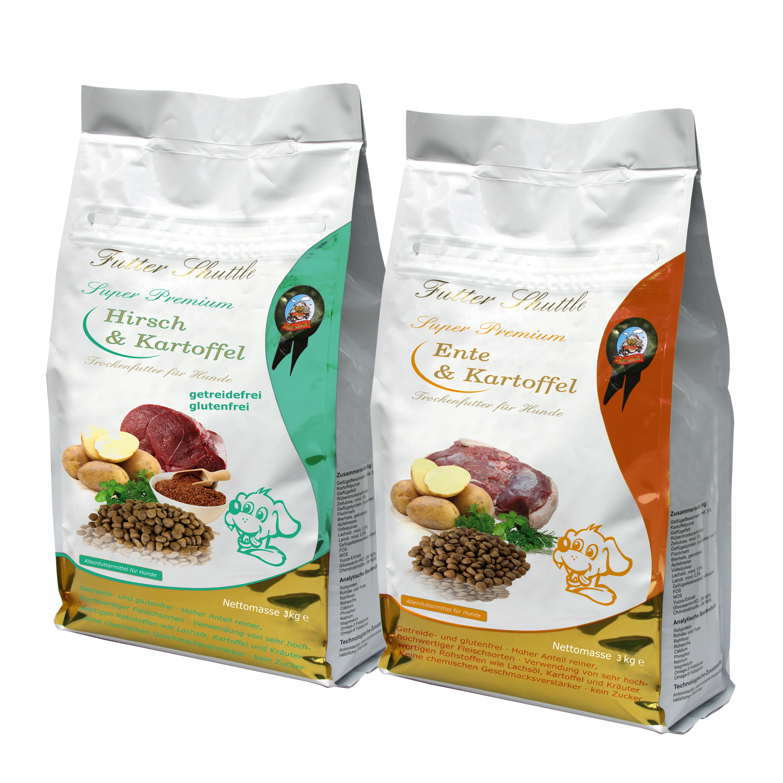 Getreidefreies Hundefutter Sparpaket – Super Premium Trockenfutter Hirsch & Ente mit Kartoffel – 2 × 3 kg