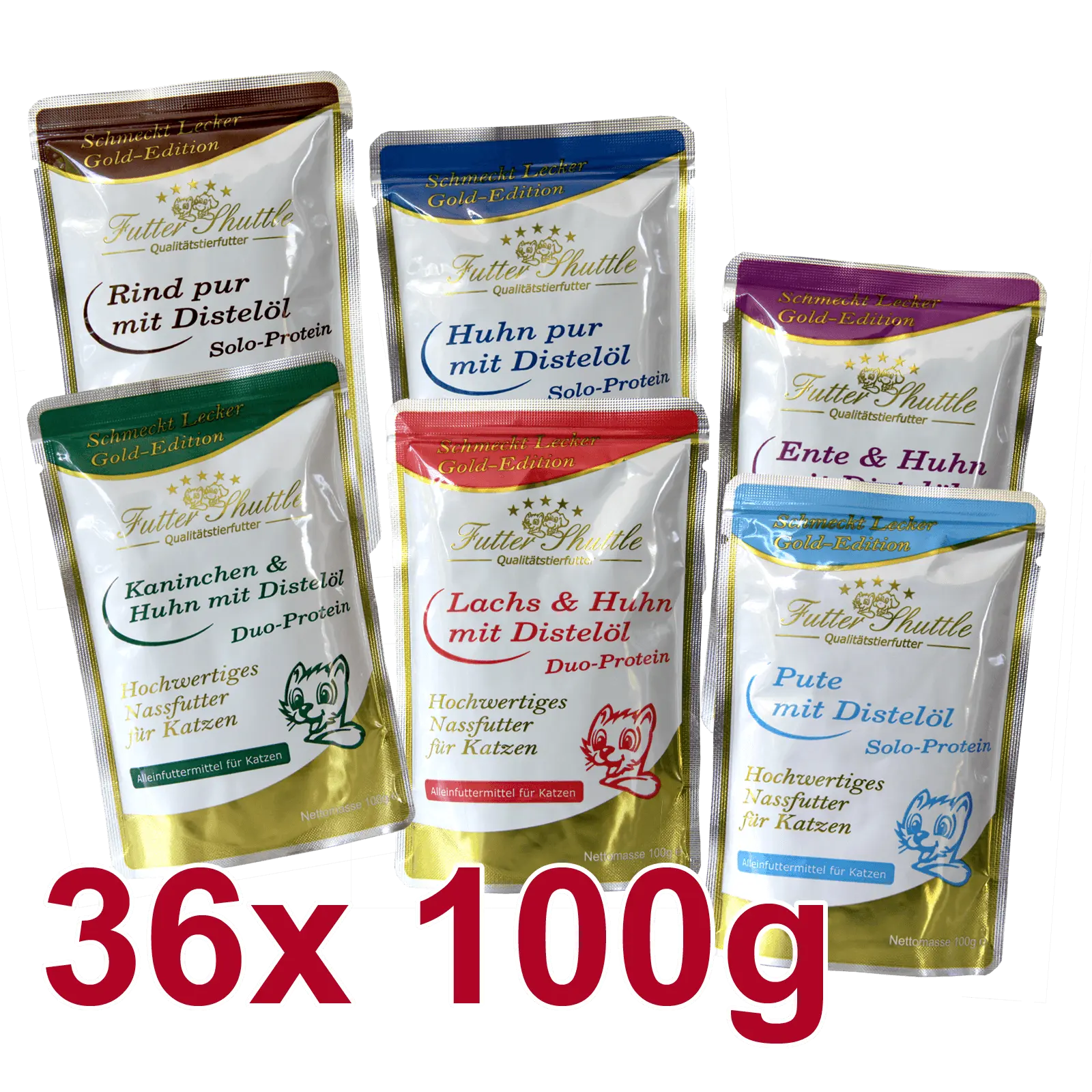 Katzen Nassfutter Sparpaket Gold Edition Pur – 36 x 100 g Frischebeutel getreidefrei