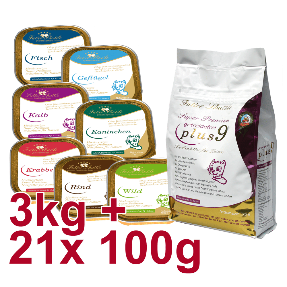Sparpaket Getreidefreies Katzenfutter Plus 9 & Nassfutter – Premium Trocken- & Nassfutter Mix 3 kg + 21 × 100 g