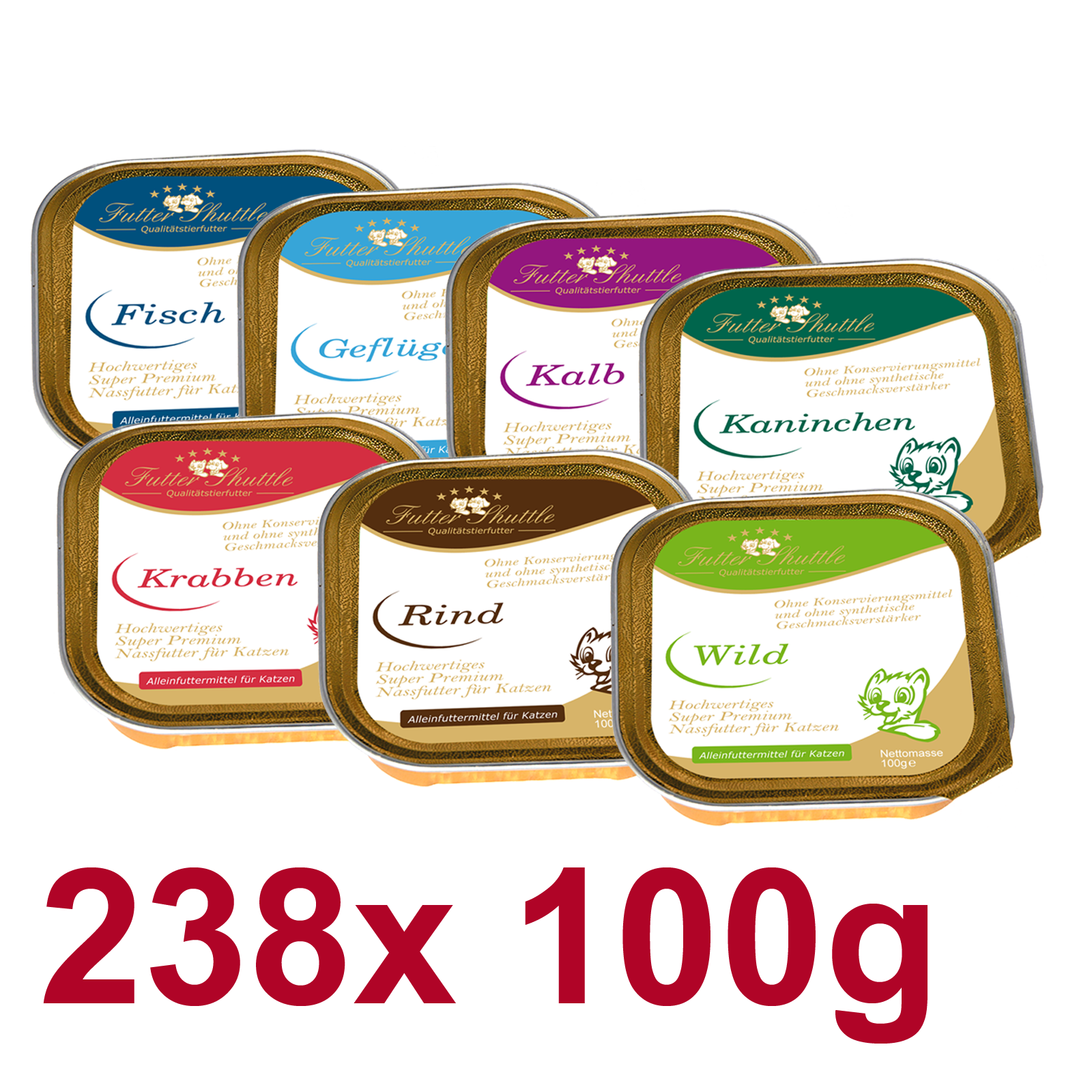 Angebot Katzen Nassfutter in höchster Qualität als XXXL Sparpaket. Praktische Portionsgerechte 100g Schalen. Spitzenqualiität von Futter Shuttle