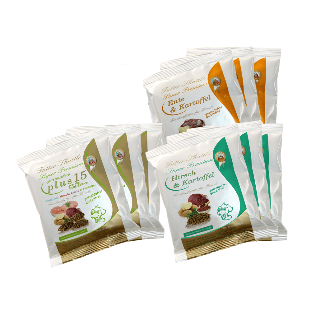 Getreidefreies Hunde Trockenfutter Probierpaket – Ente, Hirsch & Plus 15 – 9 × 100 g