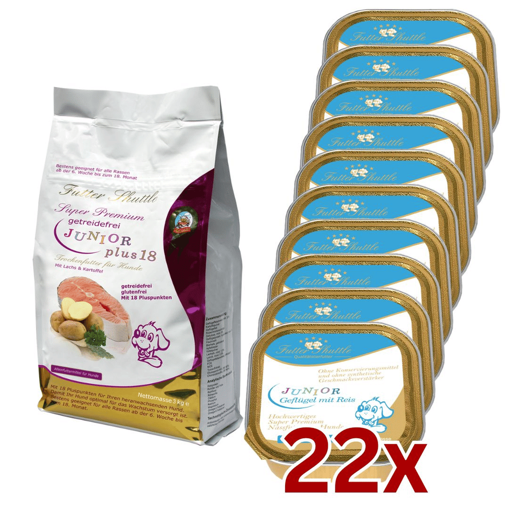 Welpen & Junior Hundefutter Sparpaket – Getreidefreies Trockenfutter Plus 18 & Nassfutter – 3 kg + 22 × 150 g