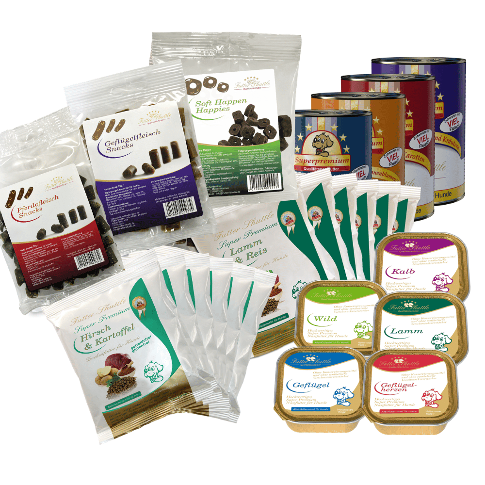 Hundefutter Probierpaket Premium Mix – Trockenfutter, Nassfutter & Leckerlies für Hunde