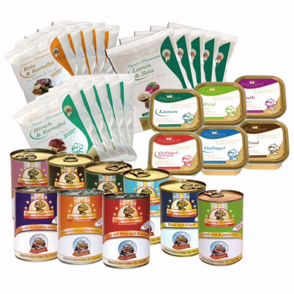 Probierpaket Hundefutter Sparpaket der Extraklasse und von höchster Güte als XL Probierpaket 7. Gönnen Sie Ihrem Hund ein Hundefutter als große Auswahl der Extraklasse